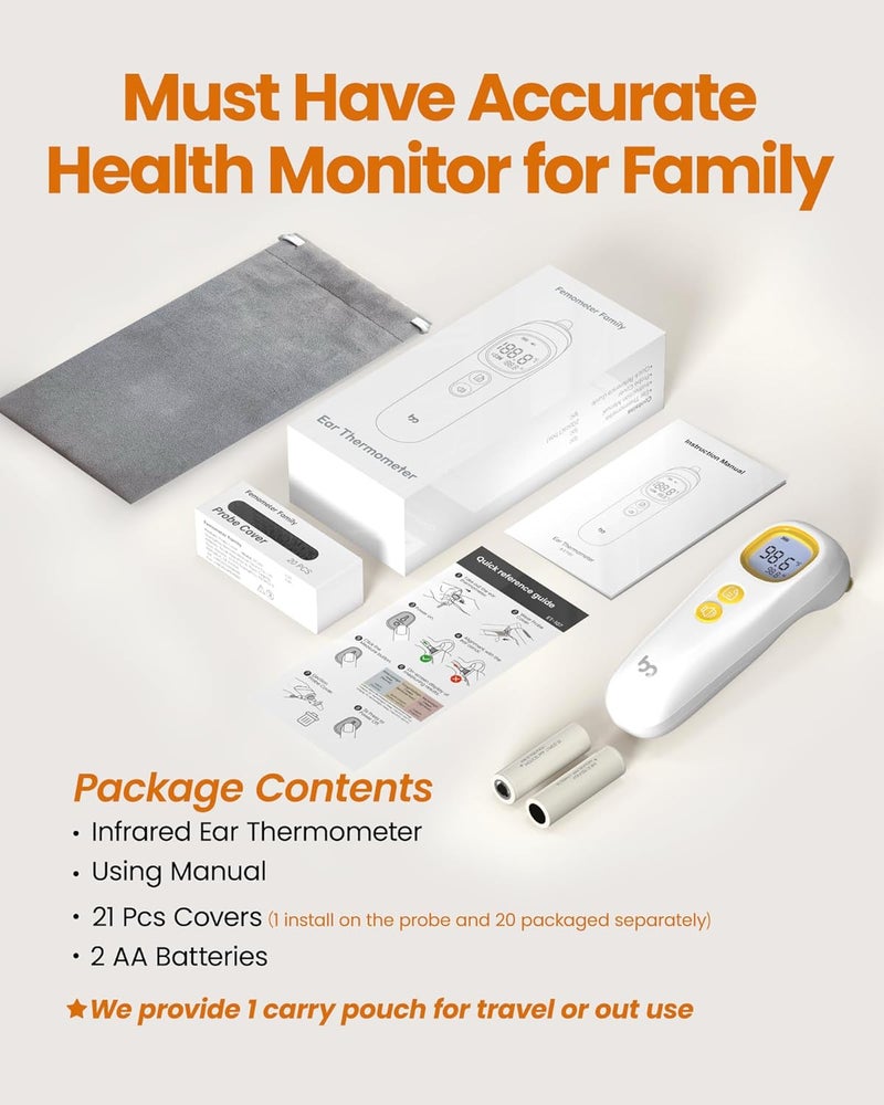 Femometer ميزان حرارة للأذن، ميزان حرارة دقيق للغاية للأطفال والبالغين والصغار، 32 ذاكرة استرجاع، 1 ثانية سريعة، 3 ألوان إنذار للحمى مع وضع كتم الصوت، 21 غطاء مسبح قابل للتخلص منه - Image 5